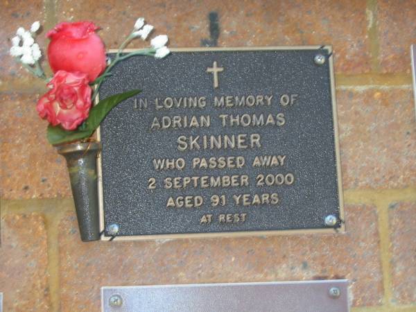 Adrian Thomas SKINNER,  | died 2 Sept 2000 aged 91 years;  | Bribie Island Memorial Gardens, Caboolture Shire  | 