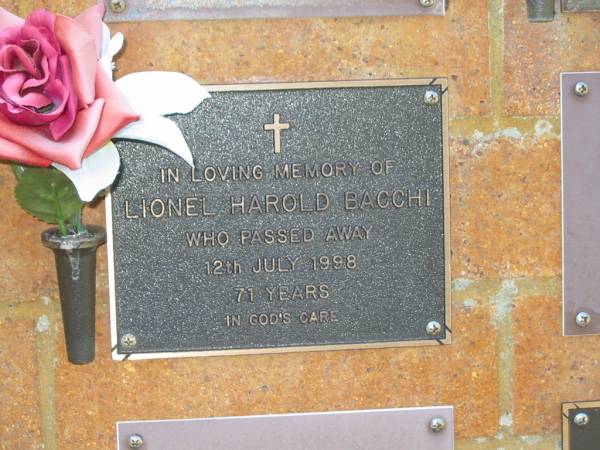 Lionel Harold BACCHI,  | died 12 July 1998 aged 71 years;  | Bribie Island Memorial Gardens, Caboolture Shire  | 