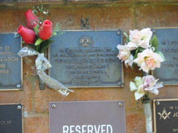 Ronald PATTERSON,  | husband father,  | died 4 April 1984 aged 84 years;  | Bribie Island Memorial Gardens, Caboolture Shire  | 