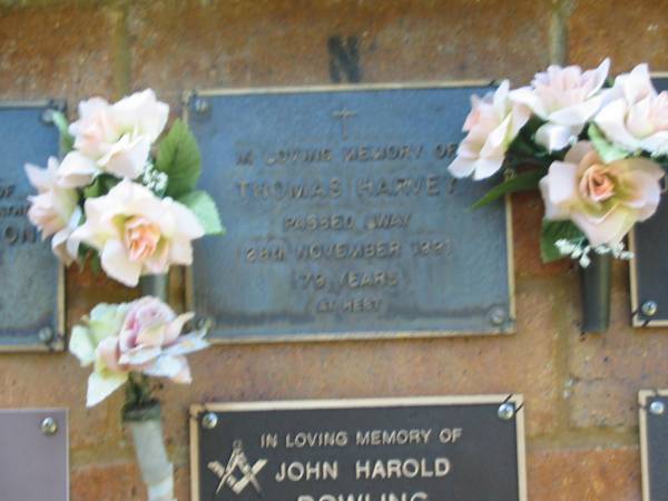 Thomas HARVEY,  | died 28 Nov 1991 aged 79 years;  | Bribie Island Memorial Gardens, Caboolture Shire  | 