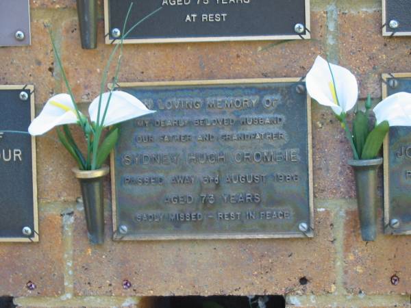 Sudney Hugh CROMBIE,  | husband father grandfather,  | died 3 Aug 1986 aged 73 years;  | Bribie Island Memorial Gardens, Caboolture Shire  | 