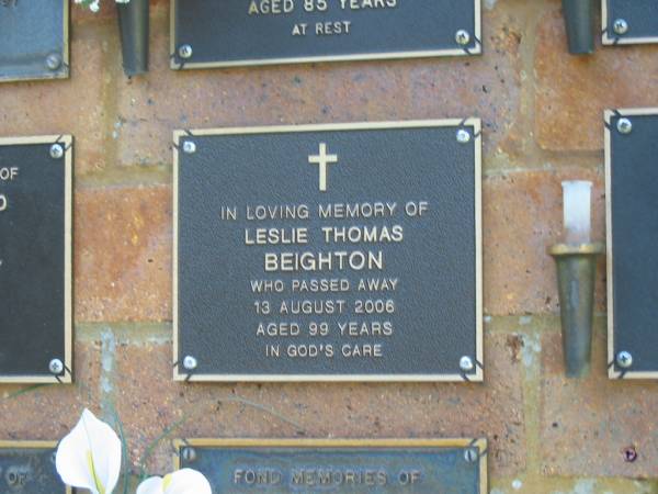 Leslie Thomas BEIGHTON,  | died 13 Aug 2006 aged 99 years;  | Bribie Island Memorial Gardens, Caboolture Shire  | 