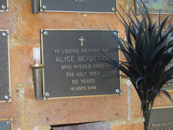 Alice BEIGHTON,  | died 2 July 1997 aged 90 years;  | Bribie Island Memorial Gardens, Caboolture Shire  | 