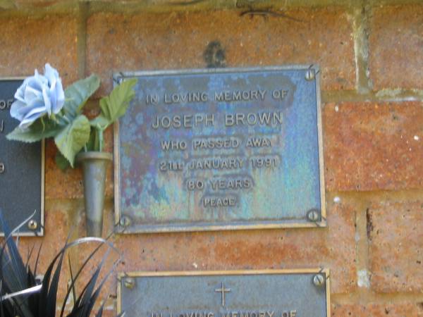 Joseph BROWN,  | died 21 Jan 1991 aged 80 years;  | Bribie Island Memorial Gardens, Caboolture Shire  | 