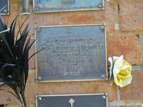 John Francis TREMBLE,  | died 14 June 1992 aged 63 years;  | Bribie Island Memorial Gardens, Caboolture Shire  | 