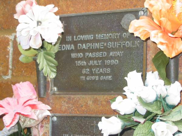 Edna Daphne SUFFOLK,  | died 15 July 1990 aged 62 years;  | Bribie Island Memorial Gardens, Caboolture Shire  | 