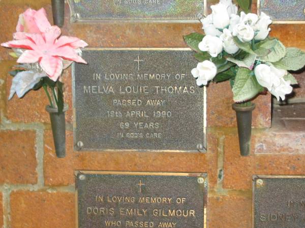 Melva Louie THOMAS,  | died 19 April 1990 aged 69 years;  | Bribie Island Memorial Gardens, Caboolture Shire  | 