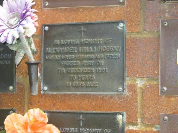 Alexander (Bill) HOGGAN,  | husband father,  | died 7 Dec 1991 aged 75 years;  | Bribie Island Memorial Gardens, Caboolture Shire  | 