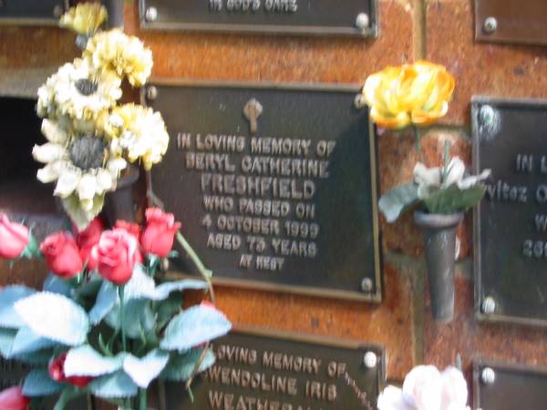 Beryl Catherine FRESHFIELD,  | died 4 Oct 1999 aged 73? years;  | Bribie Island Memorial Gardens, Caboolture Shire  | 