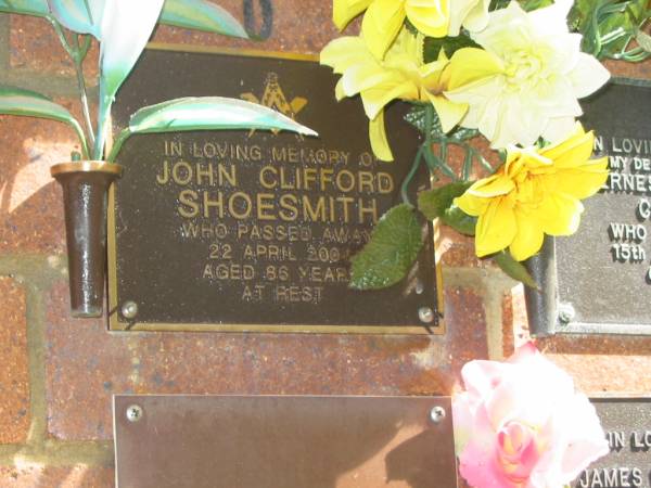 John Clifford SHOESMITH,  | died 22 April 2004 aged 86 years;  | Bribie Island Memorial Gardens, Caboolture Shire  | 
