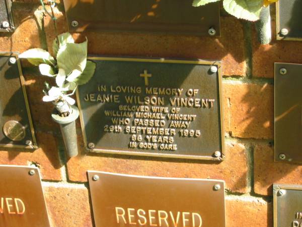 Jeanie Wilson VINCENT,  | wife of William Michael VINCENT,  | died 29 Sept 1995 aged 86 years;  | Bribie Island Memorial Gardens, Caboolture Shire  | 