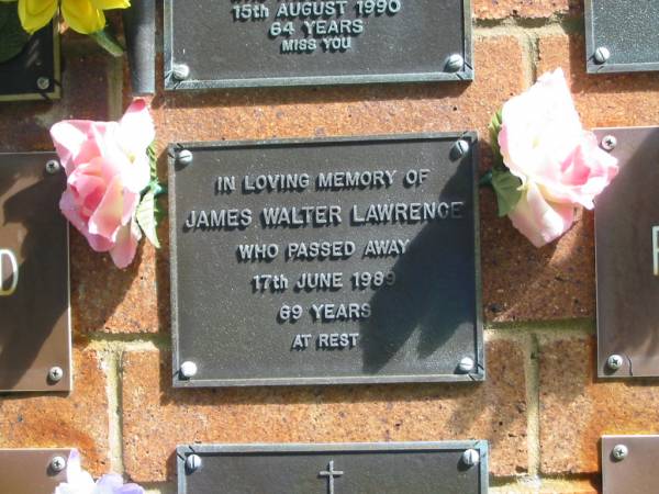 James Walter LAWRENCE,  | died 17 June 1989 aged 69 years;  | Bribie Island Memorial Gardens, Caboolture Shire  | 