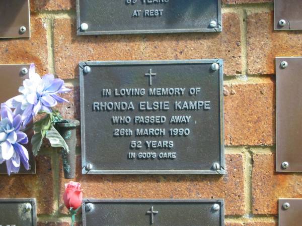 Rhonda Elsie KAMPE,  | died 26 March 1990 aged 52 years;  | Bribie Island Memorial Gardens, Caboolture Shire  | 