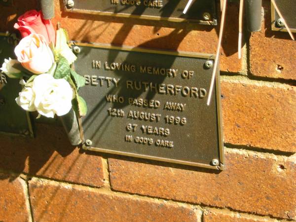 Betty RUTHERFORD,  | died 12 Aug 1996 aged 67 years;  | Bribie Island Memorial Gardens, Caboolture Shire  | 