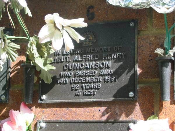 Alfred Henry DUNCANSON,  | died 14 Dec 1991 aged 92 years;  | Bribie Island Memorial Gardens, Caboolture Shire  | 