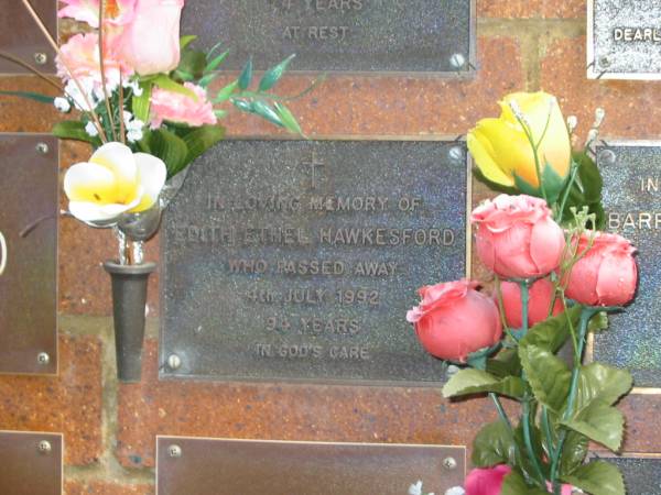 Edith Ethel HAWKESFORD,  | died 4 July 1992 aged 94 years;  | Bribie Island Memorial Gardens, Caboolture Shire  | 