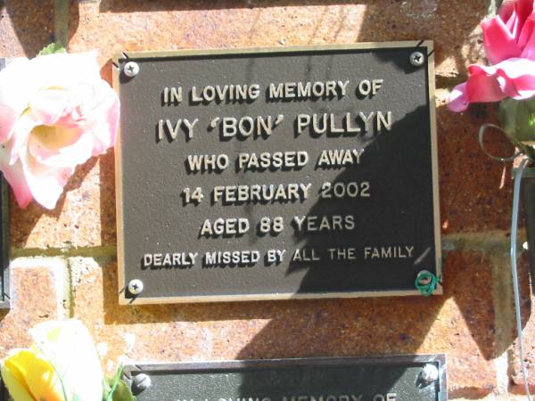 Ivy (Bon) PULLYN,  | died 14 Feb 2002 aged 88 years;  | Bribie Island Memorial Gardens, Caboolture Shire  | 