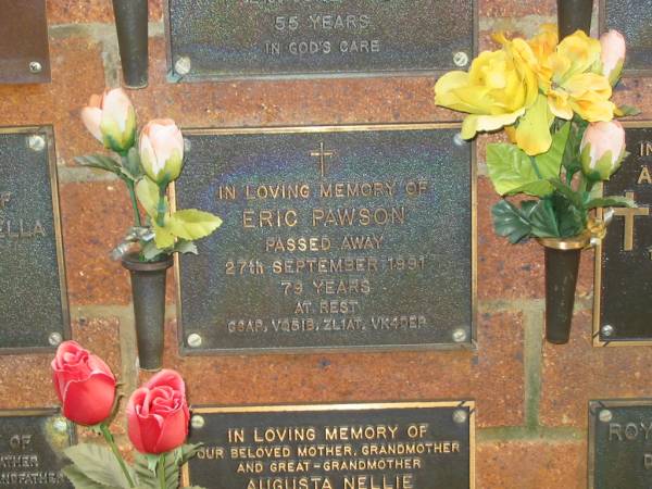 Eric PAWSON,  | died 27 Sept 1991 aged 79 years;  | Bribie Island Memorial Gardens, Caboolture Shire  | 
