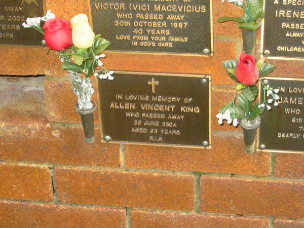 Allen Vincent KING,  | died 29 June 2004 aged 53 years;  | Bribie Island Memorial Gardens, Caboolture Shire  | 