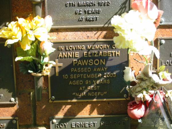 Annie Elizabeth PAWSON,  | died 10 Sept 2003 aged 91 years;  | Bribie Island Memorial Gardens, Caboolture Shire  | 