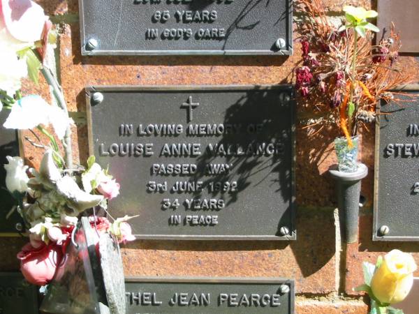 Louise Anne VALLANCE,  | died 3 June 1992 aged 34 years;  | Bribie Island Memorial Gardens, Caboolture Shire  | 