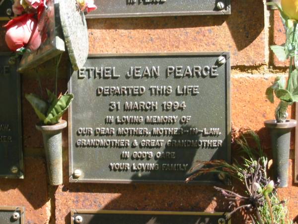 Ethel Jean PEARCE,  | died 31 March 1994,  | mother mother-in-law grandfather great-grandmother;  | Bribie Island Memorial Gardens, Caboolture Shire  | 