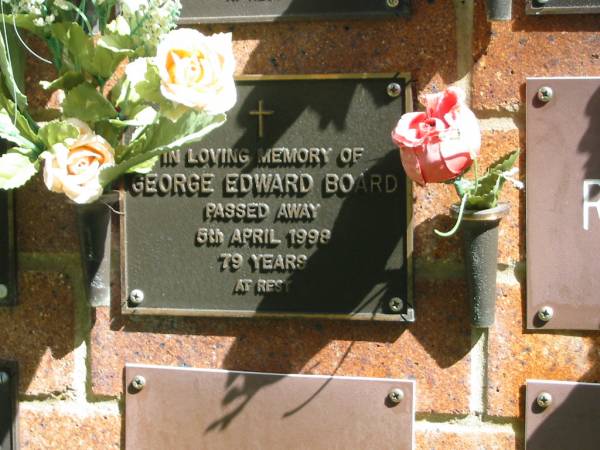 George Edward BOARD,  | died 5 April 1998 aged 79 years;  | Bribie Island Memorial Gardens, Caboolture Shire  | 