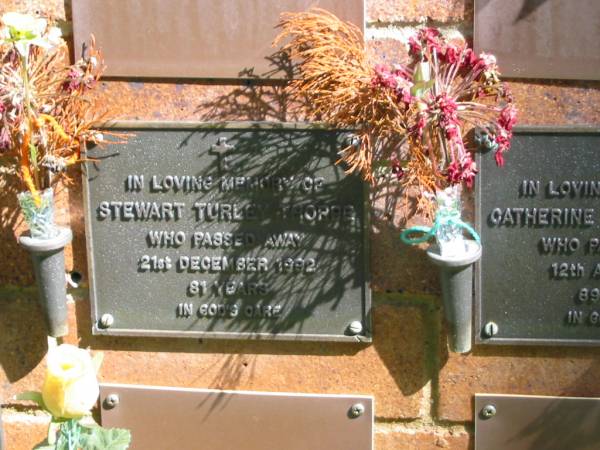 Stewart Turley THORPE,  | died 21 Dec 1992 aged 81 years;  | Bribie Island Memorial Gardens, Caboolture Shire  | 