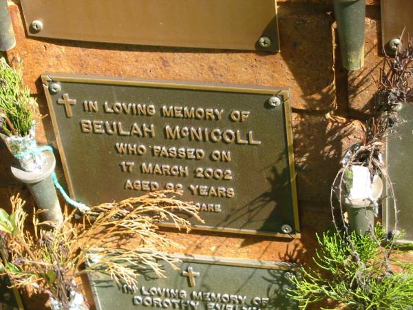 Beulah MCNICOLL,  | died 17 March 2002 aged 92 years;  | Bribie Island Memorial Gardens, Caboolture Shire  | 