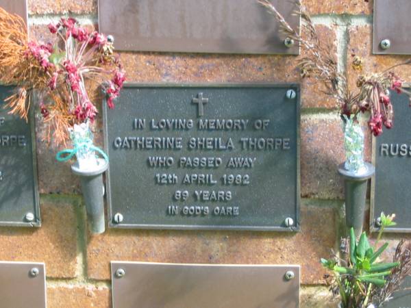 Catherine Sheila THORPE,  | died 12 April 1982 aged 89 years;  | Bribie Island Memorial Gardens, Caboolture Shire  | 
