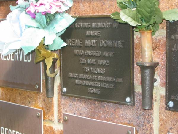 Irene May DOWNIE,  | died 7 May 1992 aged 75 years,  | husband Jim,  | daughter Lesley;  | Bribie Island Memorial Gardens, Caboolture Shire  | 