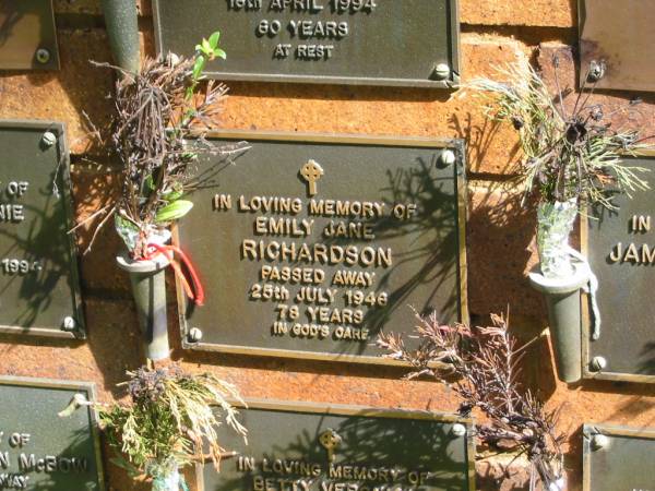 Emily Jane RICHARDSON,  | died 25 July 1946 aged 78 years;  | Bribie Island Memorial Gardens, Caboolture Shire  | 