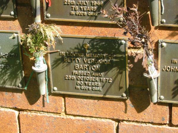 Betty Veronica BARTON,  | died 25 Oct 1972 aged 50 years;  | Bribie Island Memorial Gardens, Caboolture Shire  | 