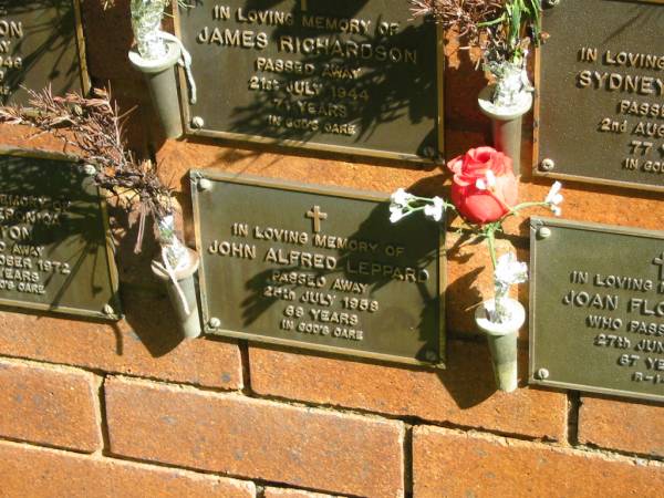 John Alfred LEPPARD,  | died 25? July 1958 aged 68 years;  | Bribie Island Memorial Gardens, Caboolture Shire  | 