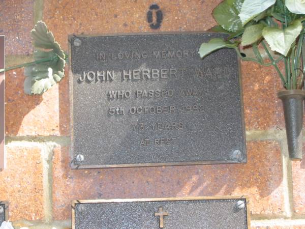John Herbert WARD,  | died 5 Oct 1992 aged 73 years;  | Bribie Island Memorial Gardens, Caboolture Shire  | 