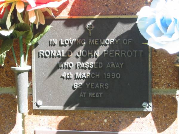 Ronald John PERROTT,  | died 4 March 1990 aged 62 years;  | Bribie Island Memorial Gardens, Caboolture Shire  | 