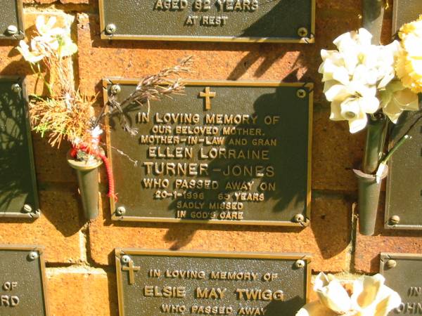 Ellen Lorraine TURNER-JONES,  | mother mother-in-law gran,  | died 20-1-1996 aged 63 years;  | Bribie Island Memorial Gardens, Caboolture Shire  | 