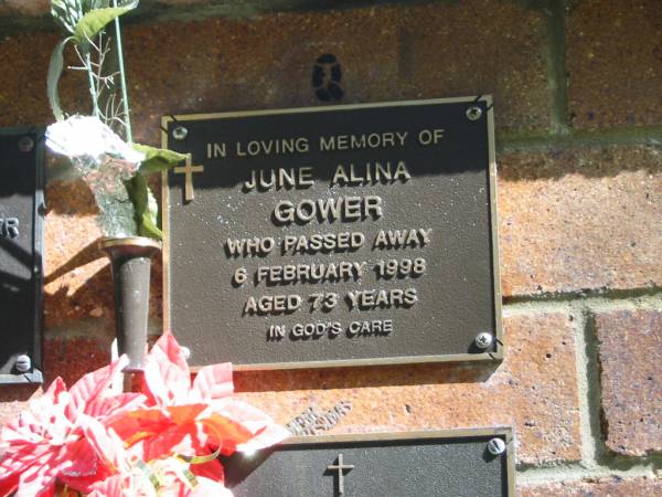 June Alina GOWER,  | died 6 Feb 1998 aged 73 years;  | Bribie Island Memorial Gardens, Caboolture Shire  | 