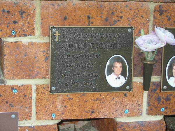 Julius BRENNER,  | died 23-5-1999 aged 64 years;  | Bribie Island Memorial Gardens, Caboolture Shire  | 