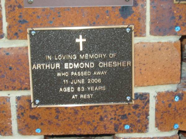 Arthur Edmond CHESTER,  | died 11 June 2006 aged 83 years;  | Bribie Island Memorial Gardens, Caboolture Shire  | 