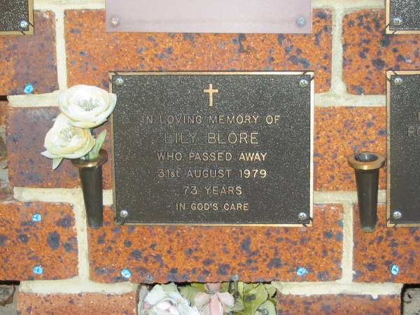 Lily BLORE,  | died 31 Aug 1979 aged 73 years;  | Bribie Island Memorial Gardens, Caboolture Shire  | 