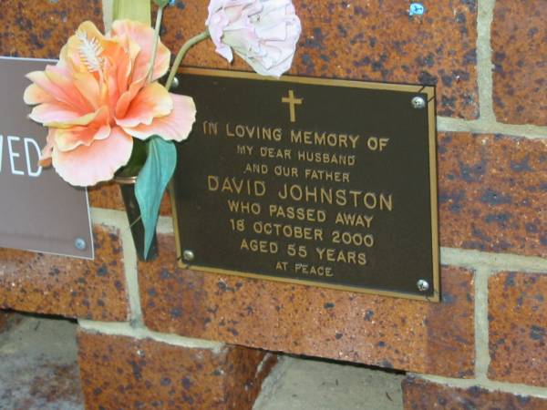 David JOHNSTON,  | husband father,  | died 18 Oct 2000 aged 55 years;  | Bribie Island Memorial Gardens, Caboolture Shire  | 