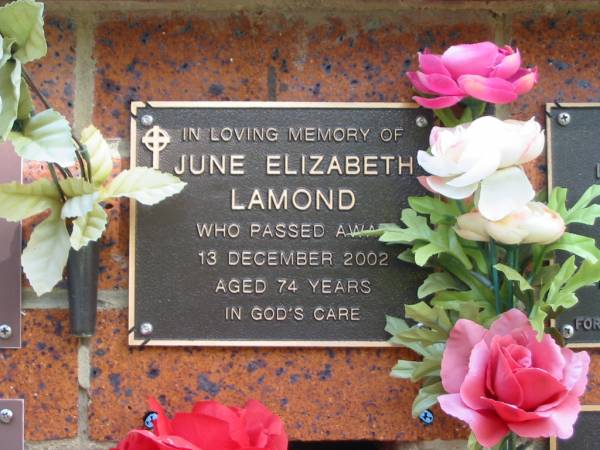 June Elizabeth LAMOND,  | died 13 Dec 2002 aged 74 years;  | Bribie Island Memorial Gardens, Caboolture Shire  | 