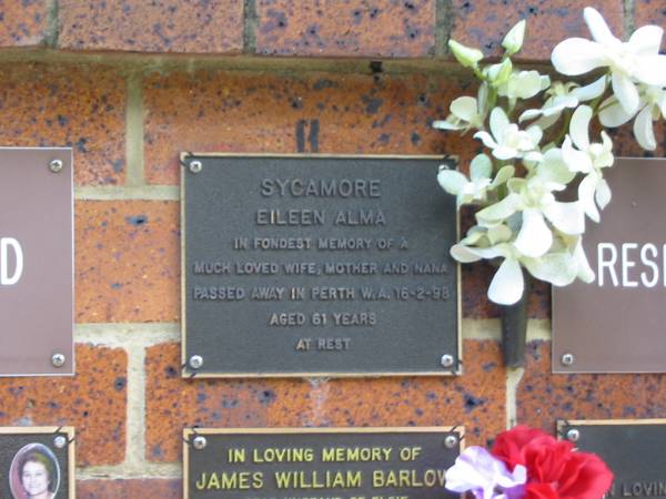 Eileen Alma SYCAMORE,  | wife mother nana,  | died Perth W.A. 16-2-98 aged 61 years;  | Bribie Island Memorial Gardens, Caboolture Shire  | 