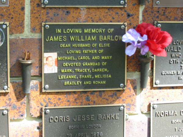 James William BARLOW,  | husband of Elsie,  | father of MIchael, Carol & Mary,  | grandad of Mark, Tracey, Darren, Leeannne, Shane,  | Melissa, Bradley & Rohan;  | Bribie Island Memorial Gardens, Caboolture Shire  | 