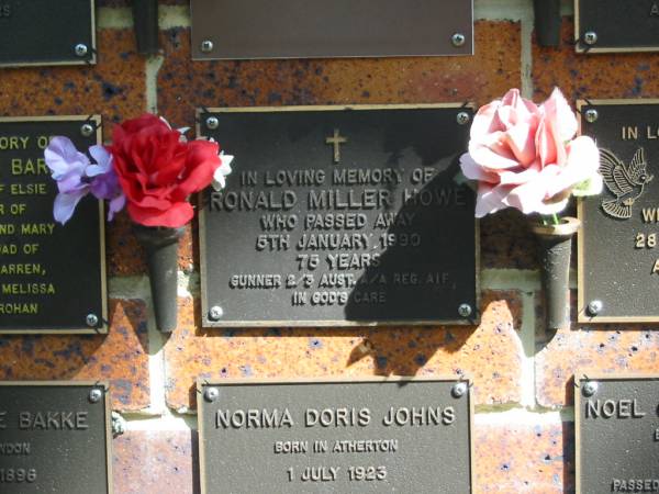 Ronald Miller HOWE,  | died 5 Jan 1990 aged 75 years;  | Bribie Island Memorial Gardens, Caboolture Shire  | 