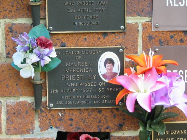 Maureen Veronica PRIESTLEY,  | died 11 Aug 1997 aged 56 years,  | husband John,  | sons Andrew & Stuart;  | Bribie Island Memorial Gardens, Caboolture Shire  | 