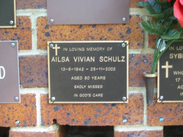 Ailsa Vivian SCHULZ,  | 13-5-1942 - 25-11-2002 aged 60 years;  | Bribie Island Memorial Gardens, Caboolture Shire  | 