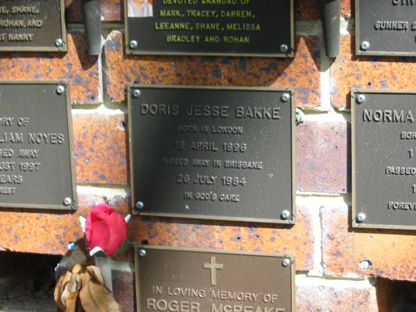 Doris Jesse BAKKE,  | born London 19 April 1896,  | died Brisbane 26 July 1984;  | Bribie Island Memorial Gardens, Caboolture Shire  | 