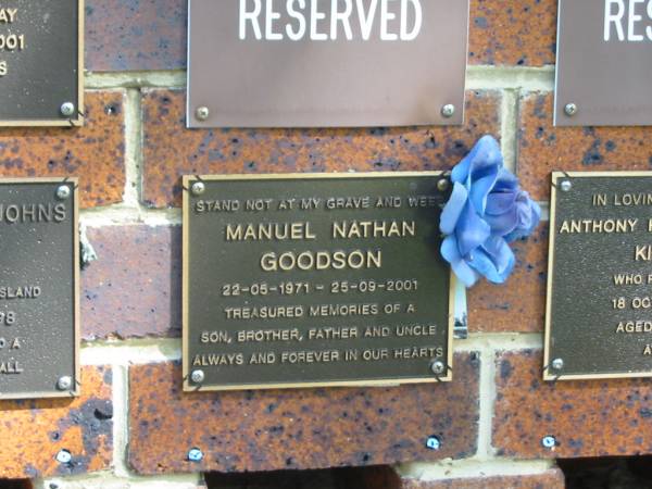 Manuel Nathan GOODSON,  | 22-05-1971 - 25-09-2001,  | son brother father uncle;  | Bribie Island Memorial Gardens, Caboolture Shire  | 